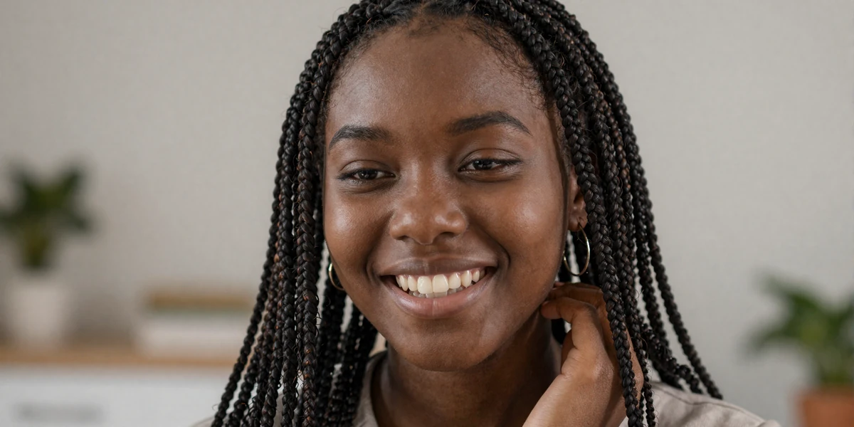 Woman with braided hair smiling during a video call