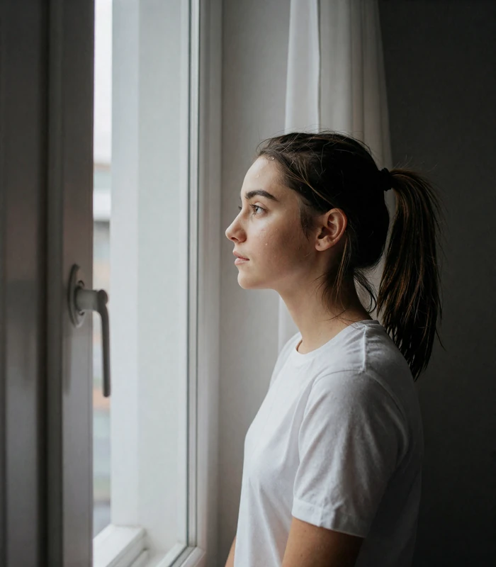 Brunette woman with ponytail looking thoughtfully out a window
