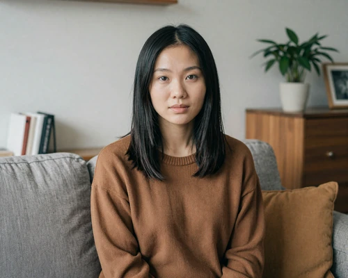 Asian woman with straight black hair in a cozy living room