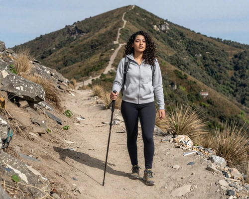 Latina woman with wavy hair hiking on a mountain trail