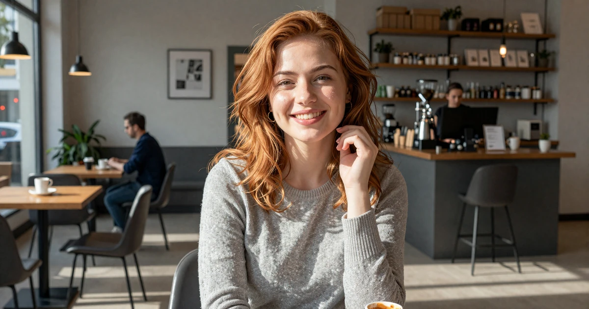 Smiling woman enjoying coffee in a sunlit modern coffee shop
