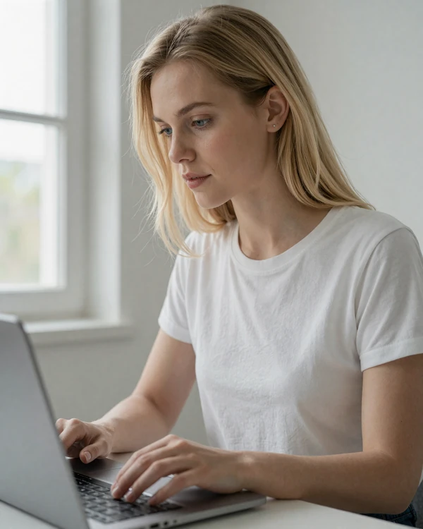 Blonde woman adjusting her privacy settings on a laptop at a bright desk