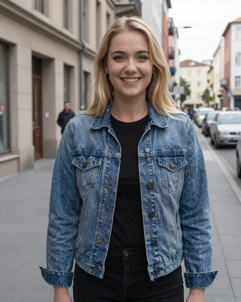 Young blonde woman in a denim jacket smiling in a city street