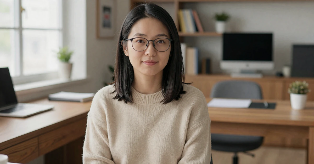 Asian woman with glasses looking secure and relaxed in a modern home office