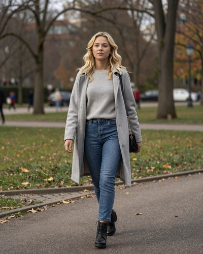 Blonde woman in autumn streetwear walking in a park
