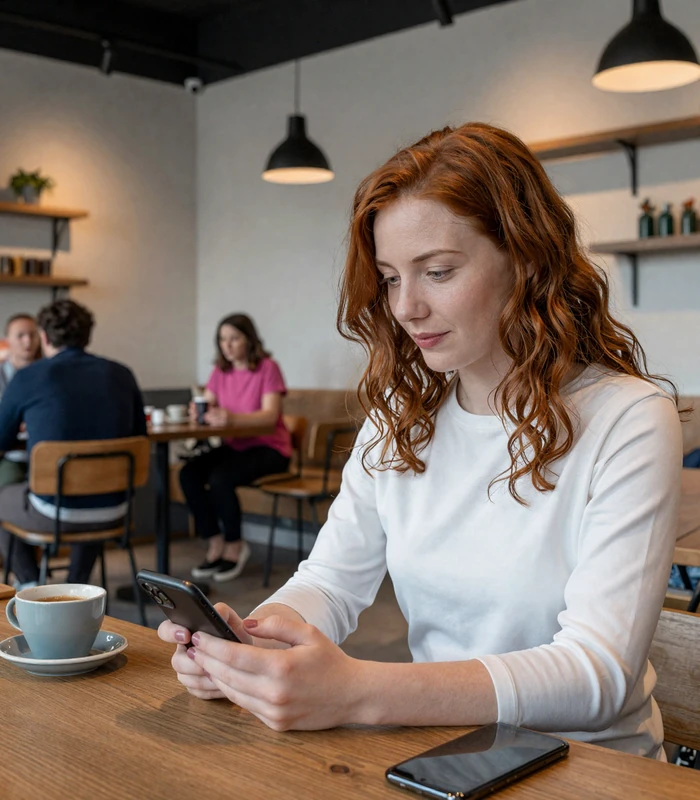 Woman with red hair typing on a smartphone in a modern cafe