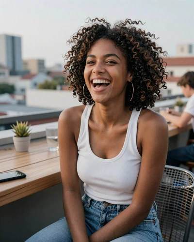 Black woman with curly hair laughing in a rooftop bar